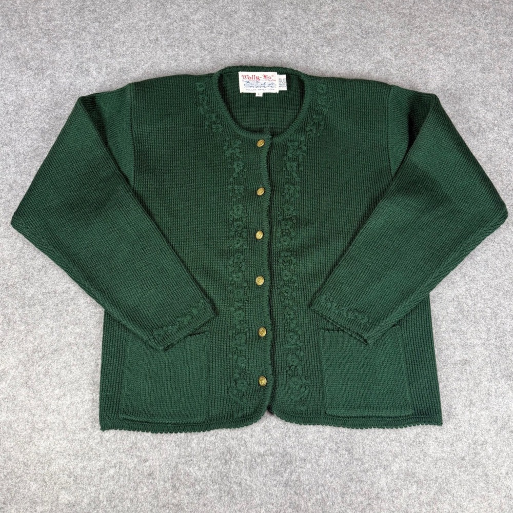 Vintage Tally-Ho Forest Green Floral Embroidered Button Cardigan Sweater Large